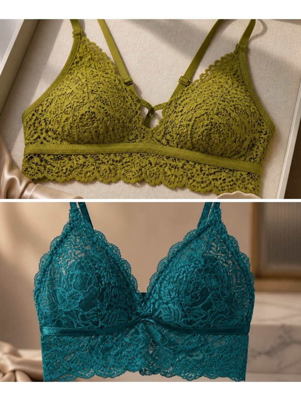 Auden Women' XS Bundle of (2) Lace Lightly Lined Bralette Teal & Olive Crossback